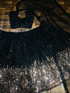 The stunner in Georgette - Black and gold sequins Lehenga (suitable up to UK 26 - plus size too!)