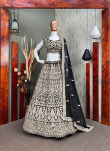 Bollywood style black chain stitched silk Lehenga