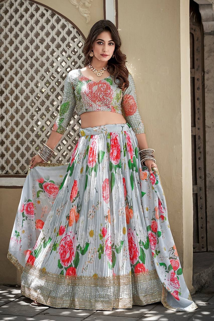 Bridesmaids - baby blue Chinnon digital print Lehenga