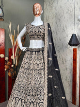 Bollywood style black chain stitched silk Lehenga