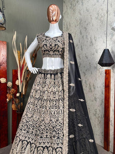 Bollywood style black chain stitched silk Lehenga