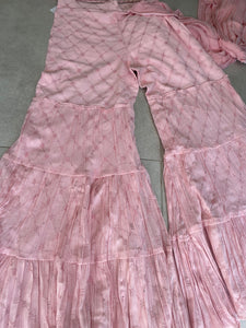 Soft pink sharara style saree with shells