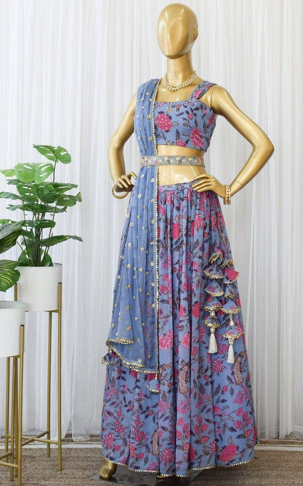 Blue floral readymade Lehenga