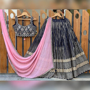 Navy blue partywear Lehenga with pink