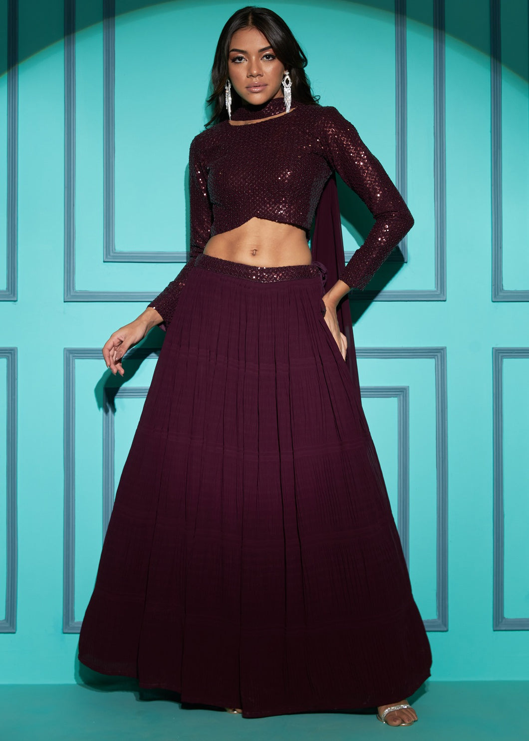 Partywear georgette crushed and sequinned lehengas - simple and elegant