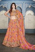 Orange floral crushed chinnon Lehenga