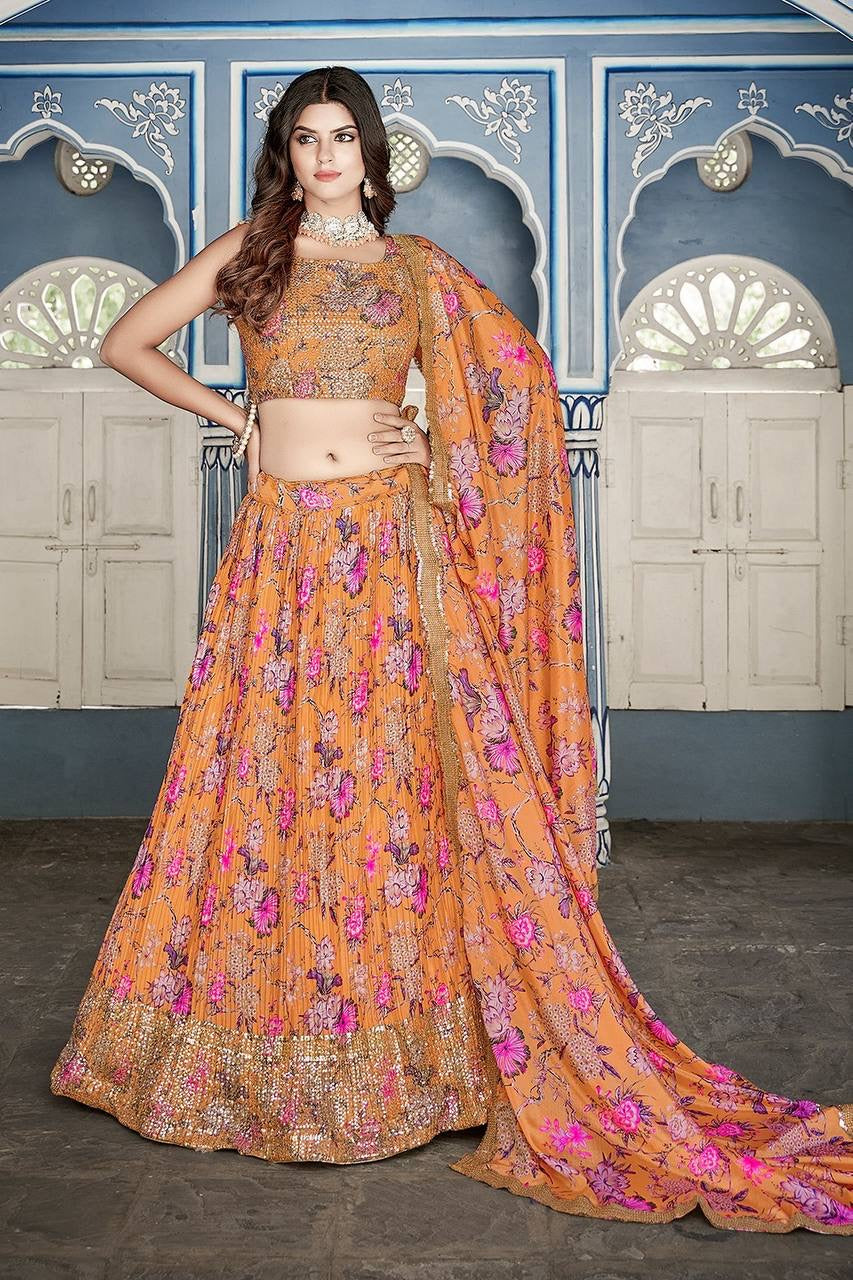 Orange floral crushed chinnon Lehenga