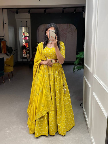 Yellow mirror work Lehenga with belt