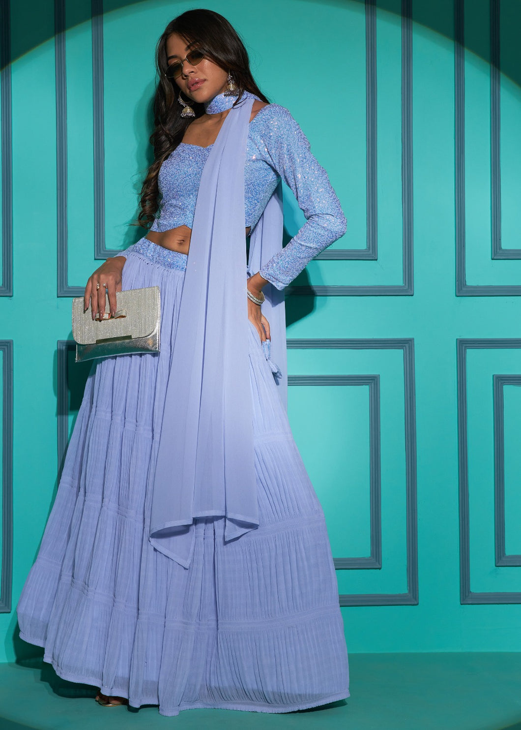 Partywear georgette crushed and sequinned lehengas - simple and elegant