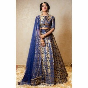 Navy blue silk zari Lehenga (skirt stitched)