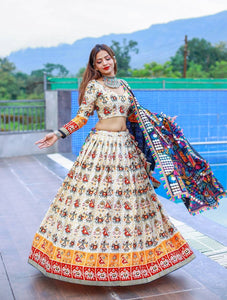 Off white patola and printed pure cotton lehenga