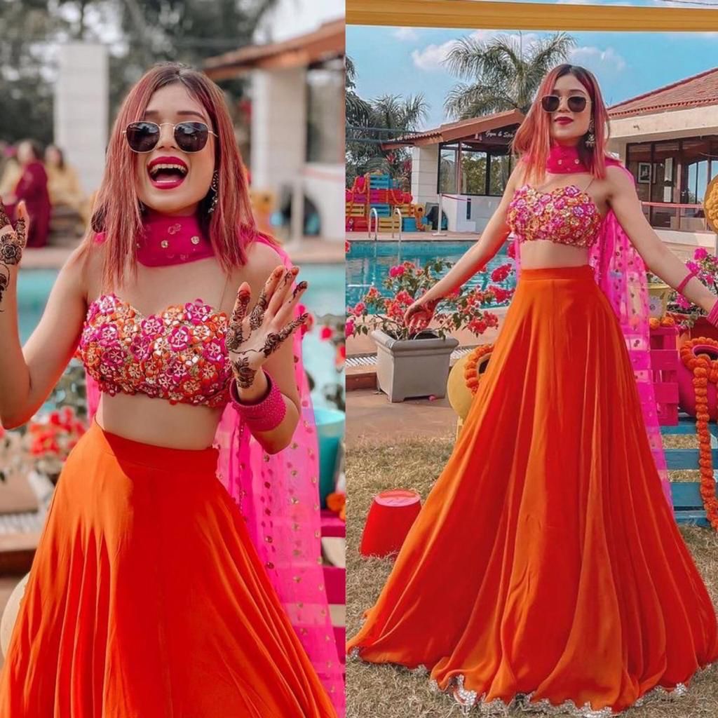 Orange and pink sangeet night Lehenga
