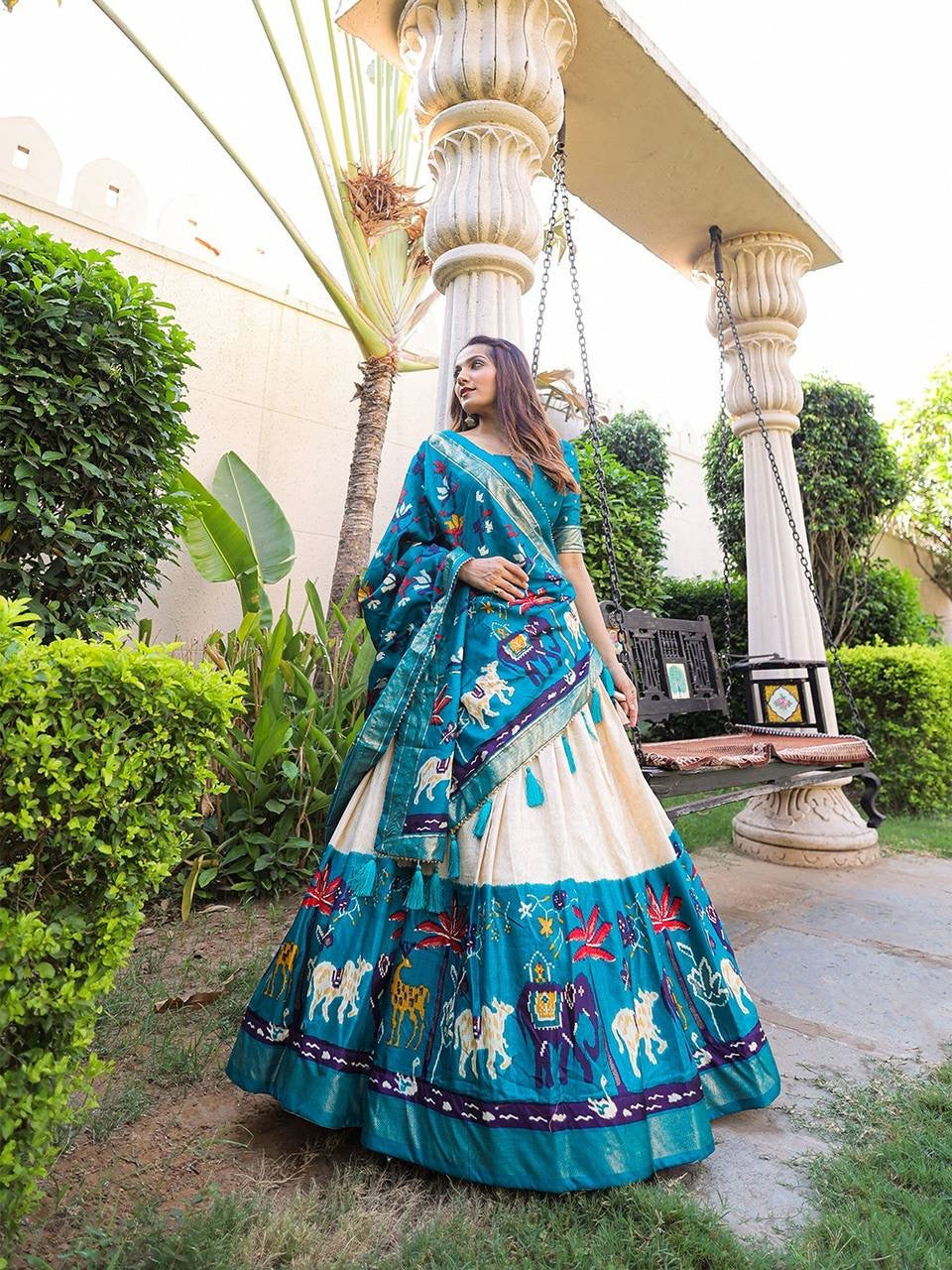 Blue and off white dola silk Lehenga