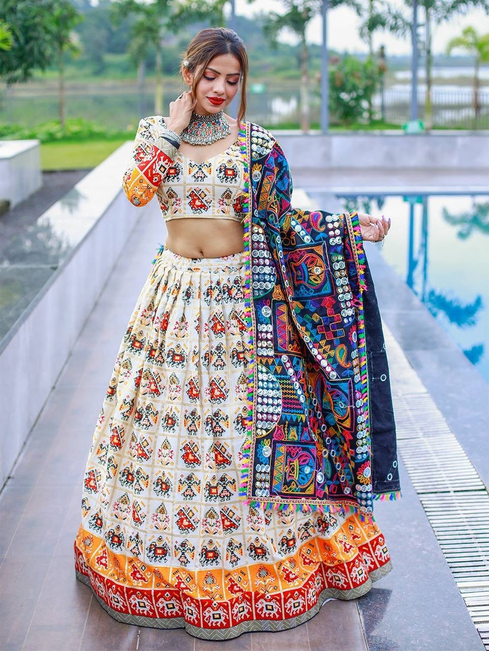 Off white patola and printed pure cotton lehenga