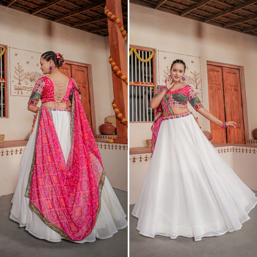 Plain and bandhani style Lehengas in white