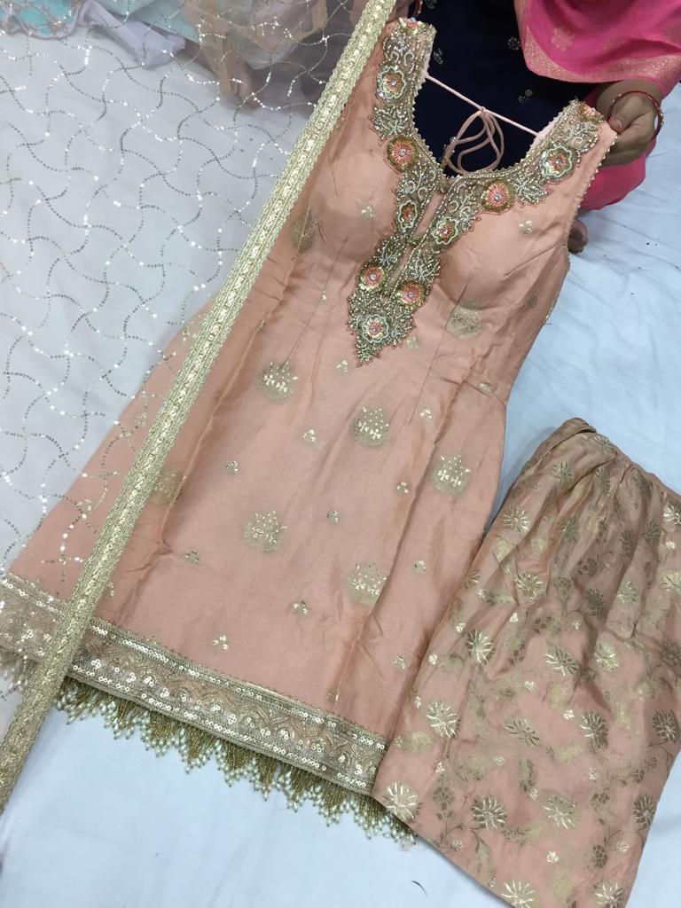 Pastel peach silk sharara