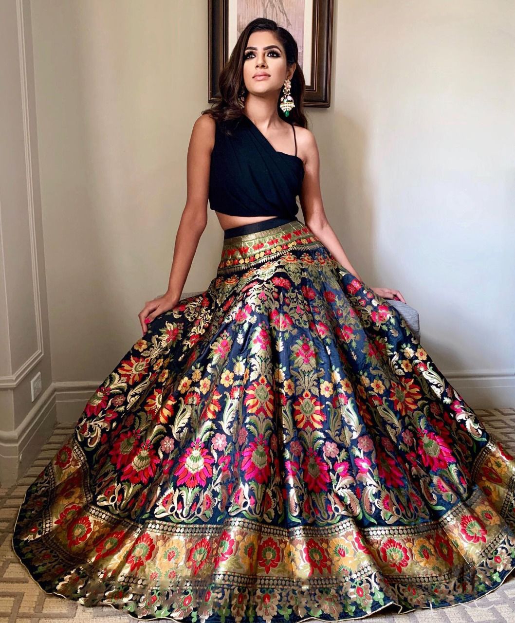 Buy Clarabelle Women's Banarasi Jacquard Silk Semi Stitched Lehenga Choli  (Black_Free Size_Riwaz) at Amazon.in