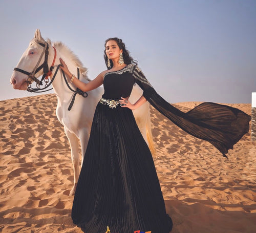 Indo western - Black one shoulder crinkle gown (black tie event)
