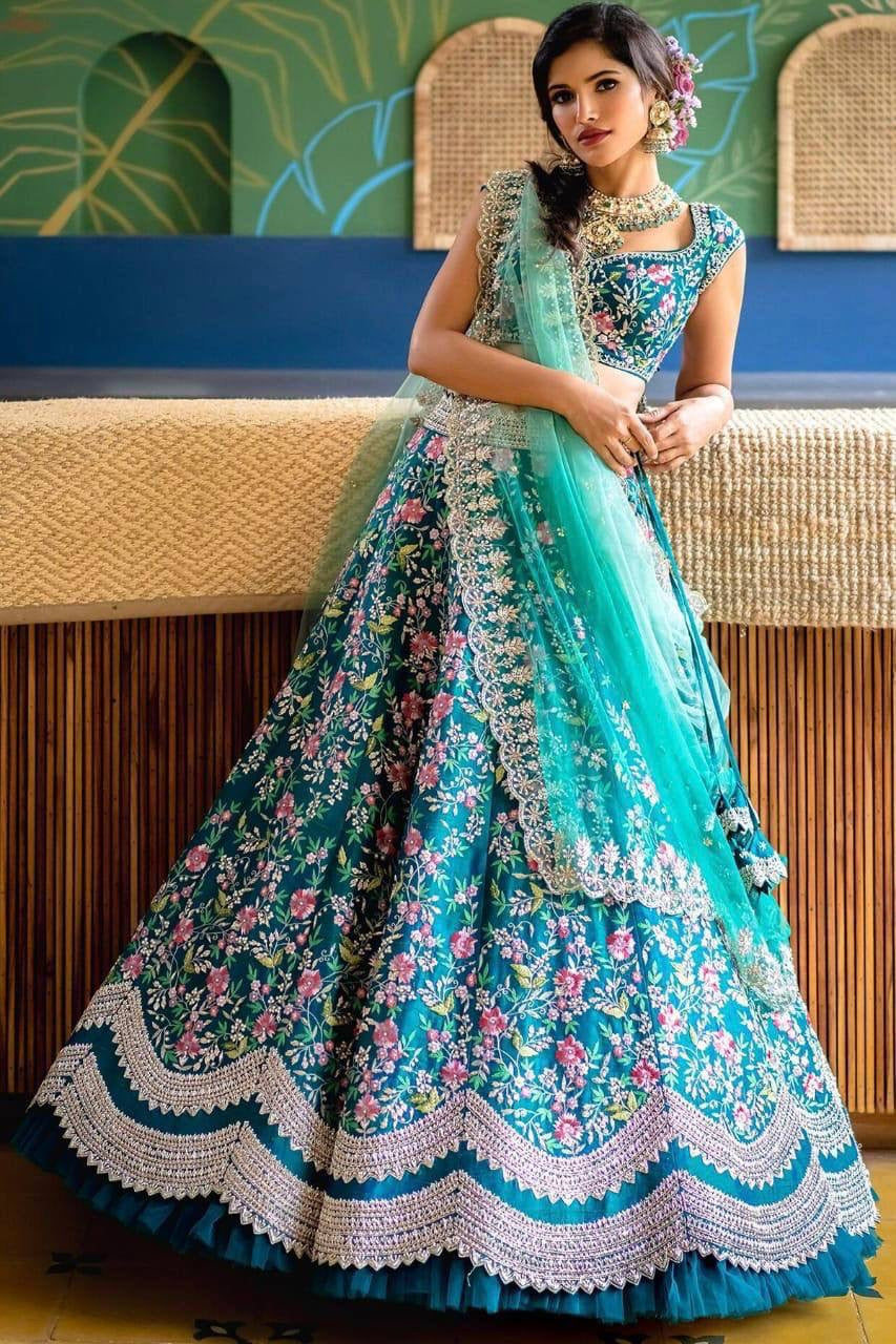 Aqua blue embroidered Lehenga