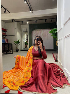 Maroon Rangoli silk plain Lehenga with chinon dupatta