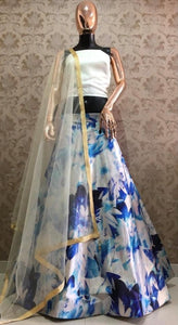 Indo western - White and blue floral digital satin Lehenga (skirt stitched)