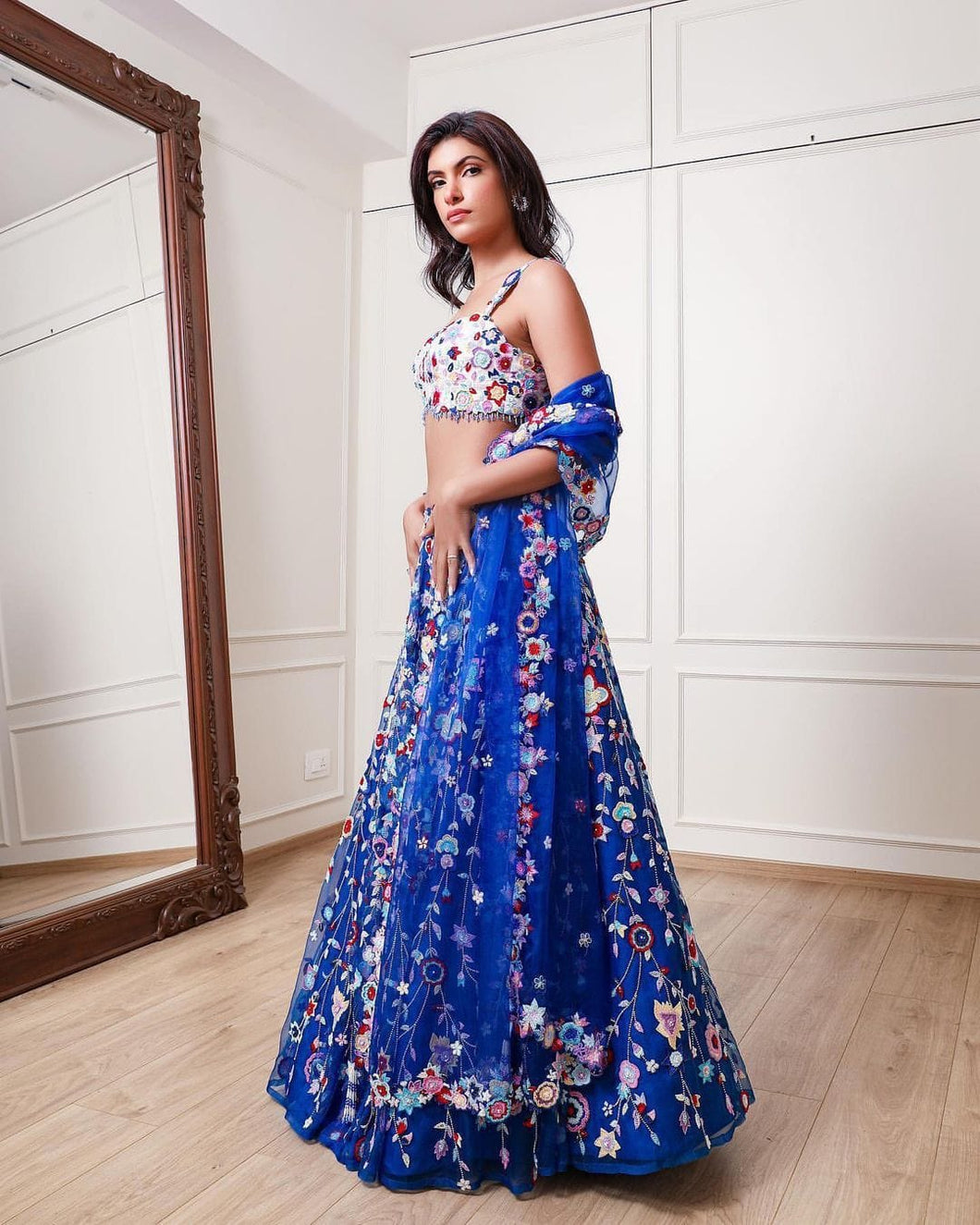 Blue and white floral Lehenga