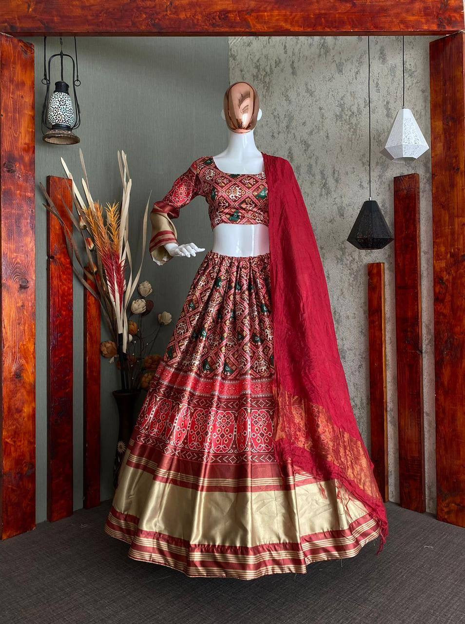 Digital bandhani print lehengas in maroon