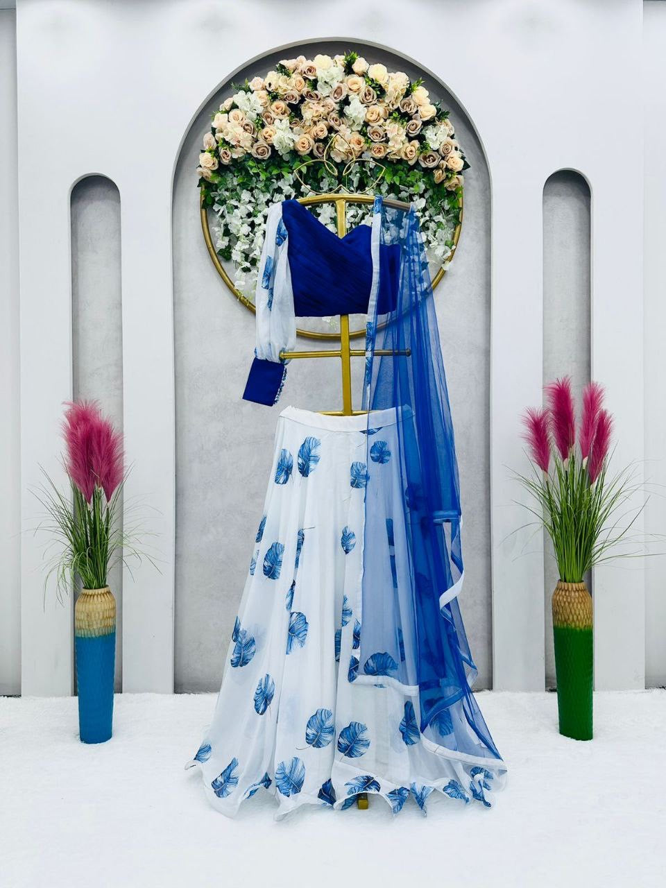 Indo western white and blue floral Lehenga (readymade)