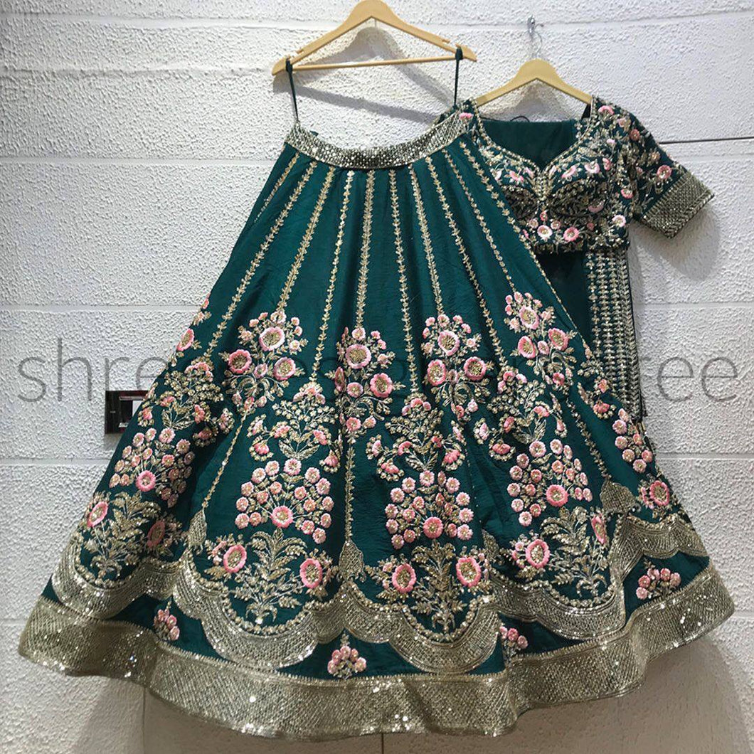 Pine green and florals Lehenga