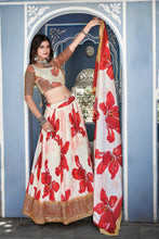 Red daisy crushed chinnon Lehenga