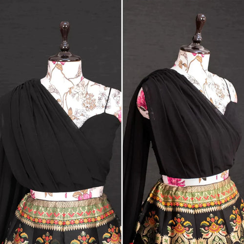 Indo western black blouse, dupatta attached to shoulder