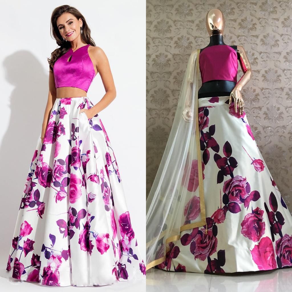 Indo western - White and pink floral digital satin Lehenga