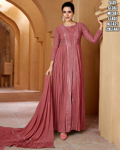 Crushed georgette lucknowi style trouser suit in pink