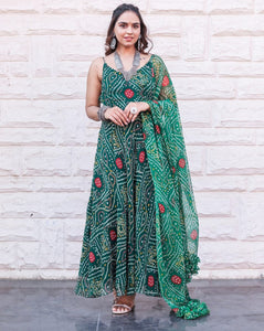 Bottle green bandhej gown set (also for plus sizes)