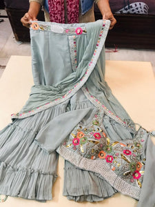 Sharara style saree with floral embellished blouse readymade - icy blue