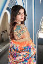 Orange and blue crushed chinnon Lehenga