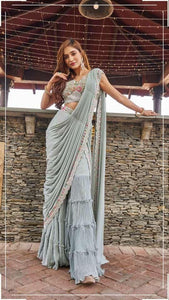 Sharara style saree with floral embellished blouse readymade - icy blue