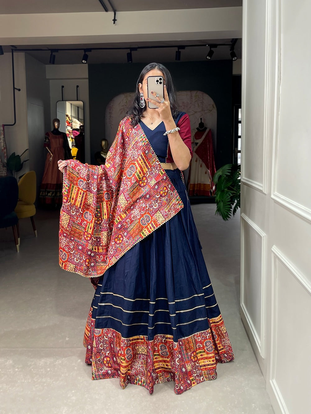 Readymade pure cotton navy blue printed Lehenga