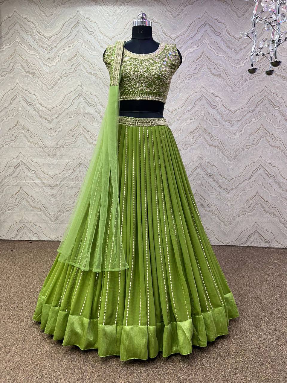 Sage green elegant sequins work Lehenga