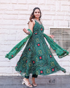 Bottle green bandhej gown set (also for plus sizes)