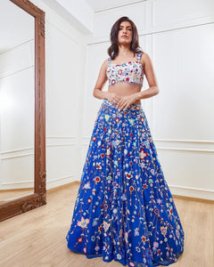 Blue and white floral Lehenga