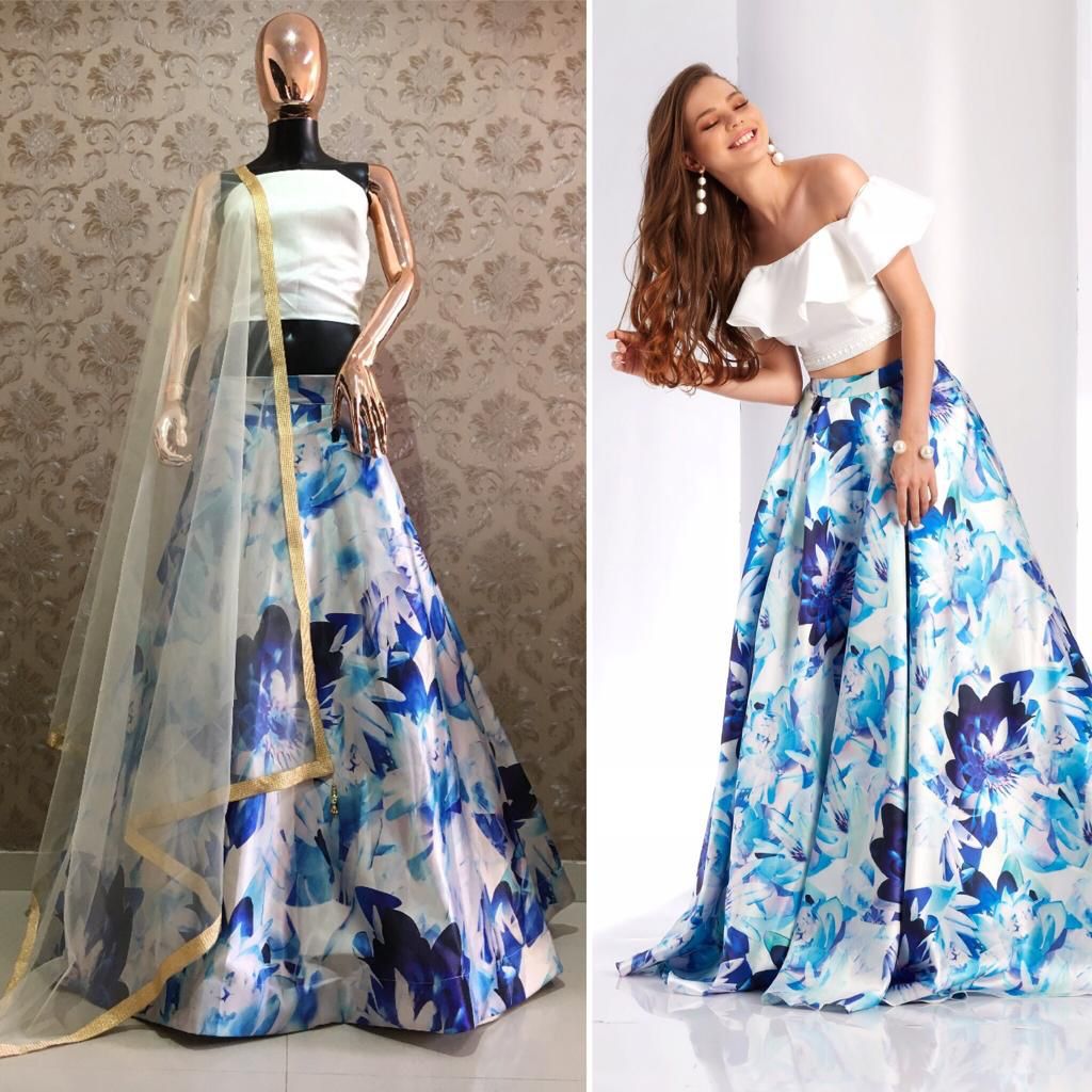 White and blue floral digital satin Lehenga