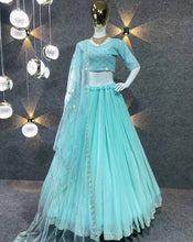 Simple cyan embroidered Lehenga