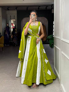 Parrot green and white mirror work readymade Lehenga