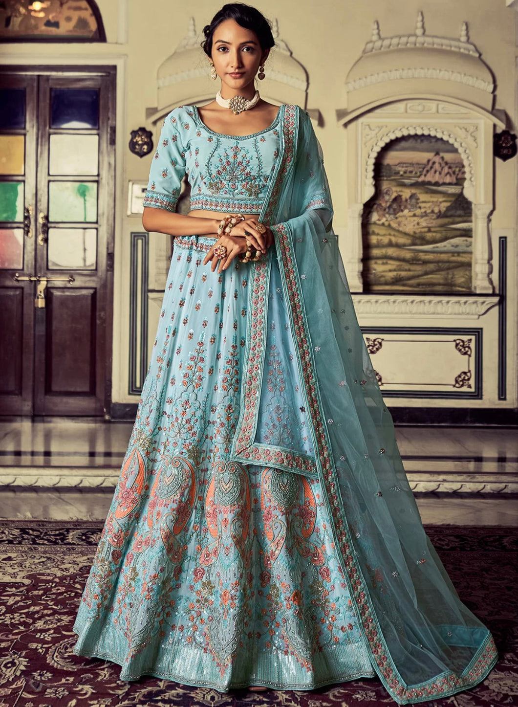 Oreya collection - pastel turquoise with peach Lehenga