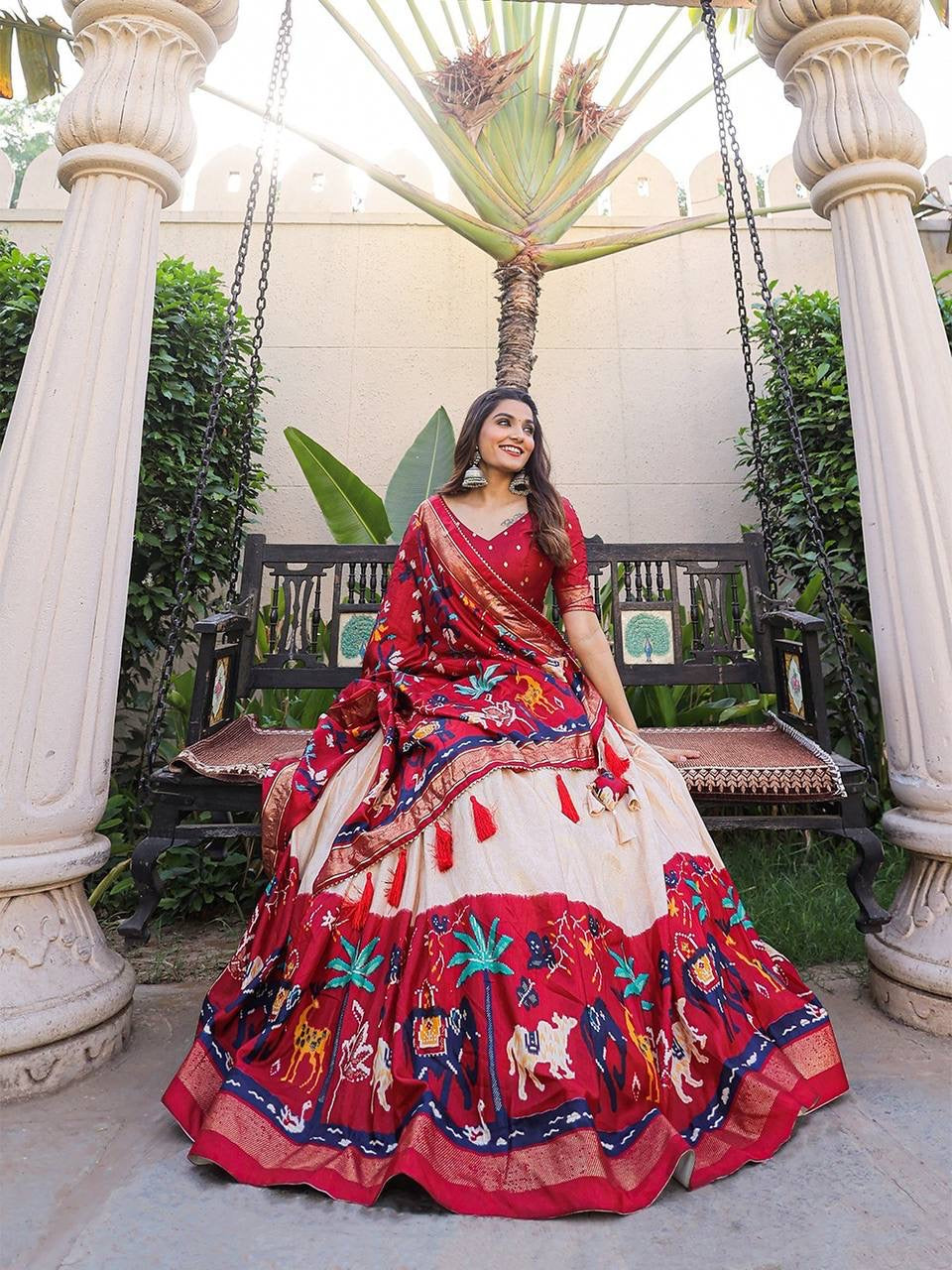 Red and white dola silk Lehenga