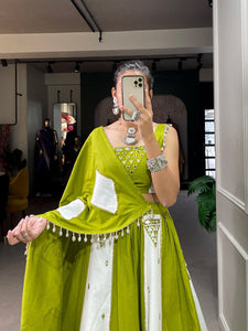 Parrot green and white mirror work readymade Lehenga