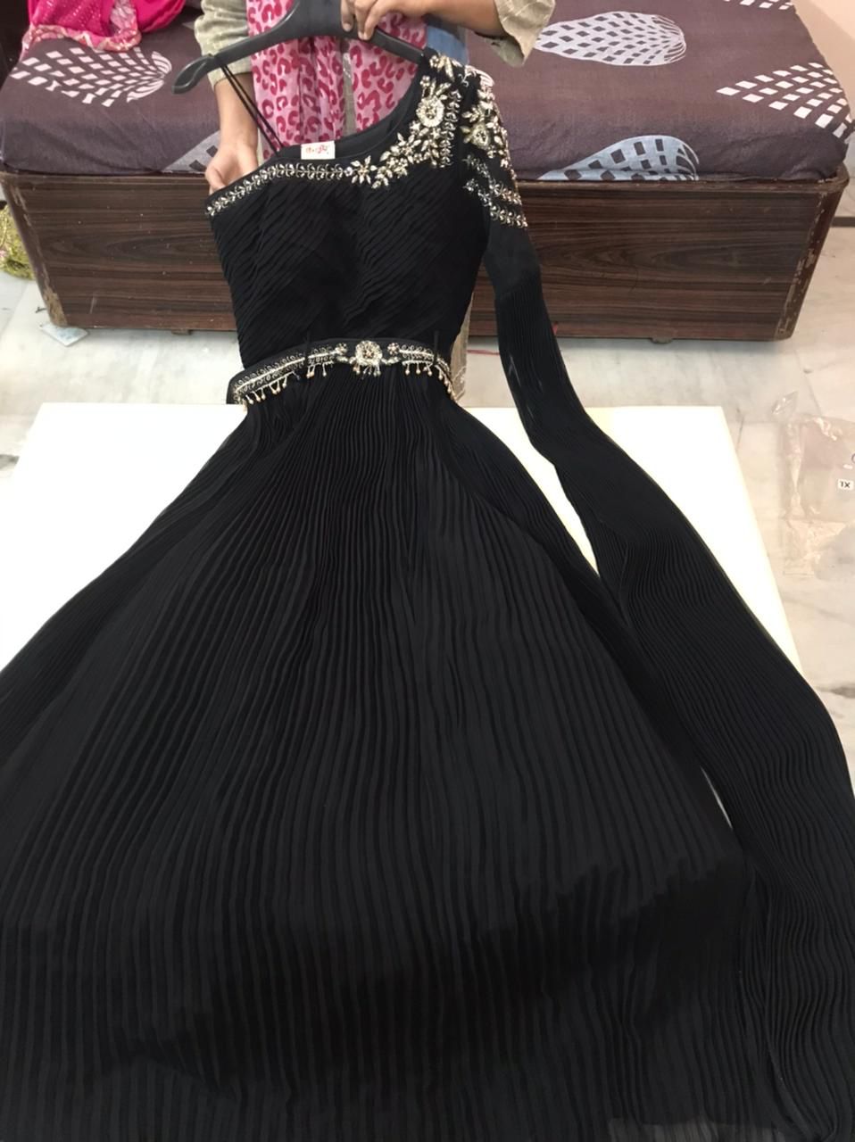 Indo western Black one shoulder crinkle gown black tie event