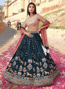 Elephant and horse printed blue Lehenga