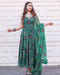 Bottle green bandhej gown set (also for plus sizes)